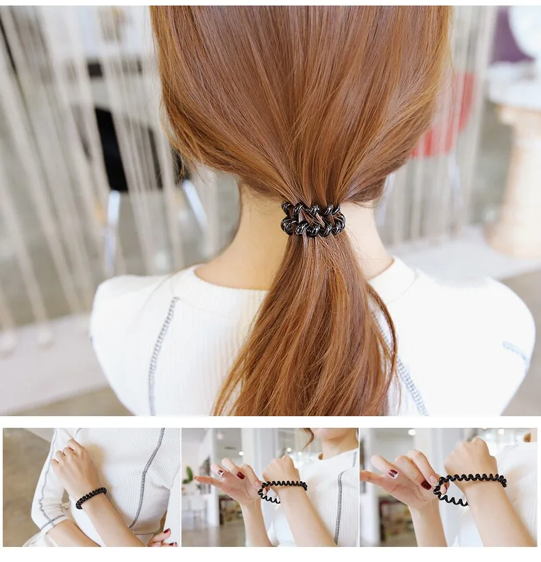 AccMAX New Simple Black Color Telephone Cord Hair Tie Rubber Band Spiral Shape Elastic Hair Band Women Basic Hair Accessories