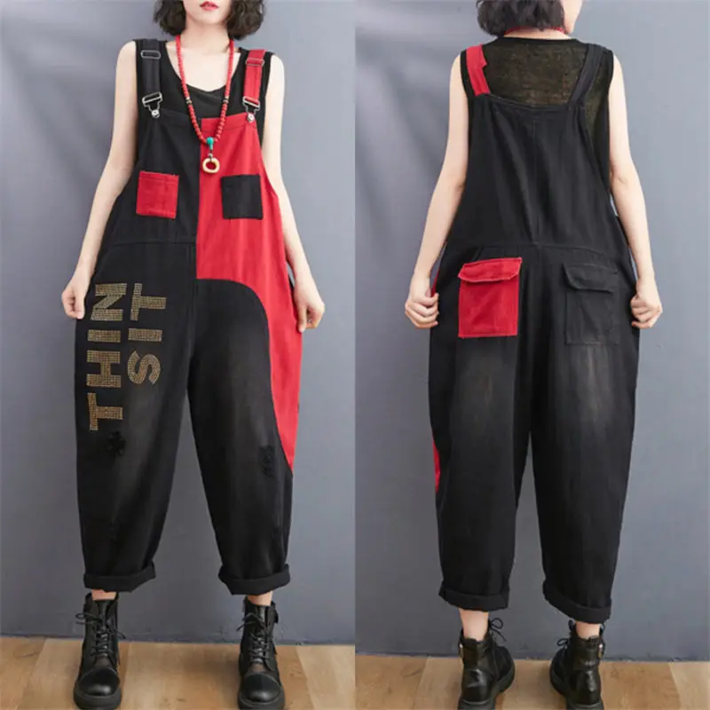 Summer Straight Casual Personality Jumpsuit Fashion Hole Suspenders Pants Hit Color Pocket Womens Clothing Denim Rompers aq1146