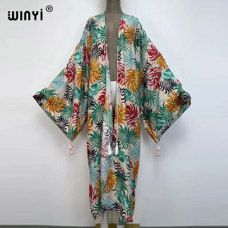 Imagem -05 - Sukienka Outono 2023 Winyi Feminino Cardigan Solto Vestido Longo Coquetel Boho Maxi Africano Feriado Batwing Manga Quimono Robe