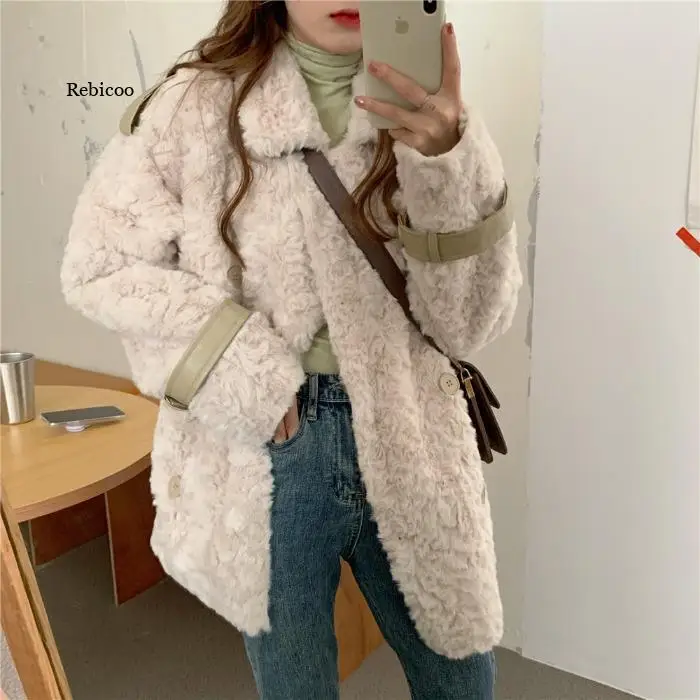 Winter Women High Quality Faux Rabbit Fur Coat Luxury Fur Coat Loose Lapel Overcoat Thick Warm  Female Plush Coats