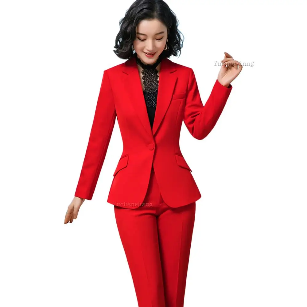 Conjunto de dos piezas para mujer, conjunto de chaqueta y pantalón, color rojo, azul oscuro y negro, talla S-4XL, para oficina