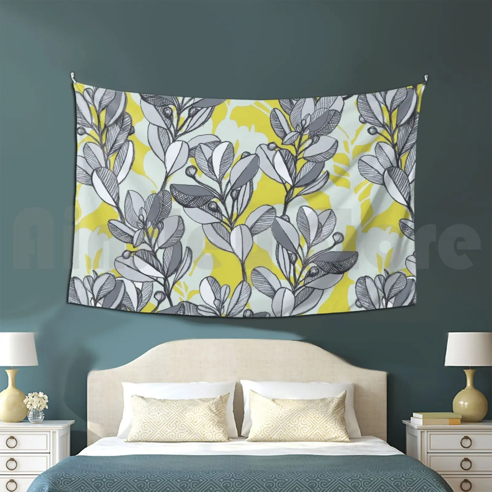 Leaf And Berry Sketch Pattern In Mustard And Ash Tapestry Living Room Bedroom 2176 Nature Leaf Leaves Berries