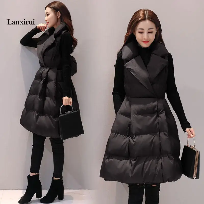 

Lanxirui Down cotton vest women high quality winter vest medium long fashion bow thick warm female cotton vest outerwear