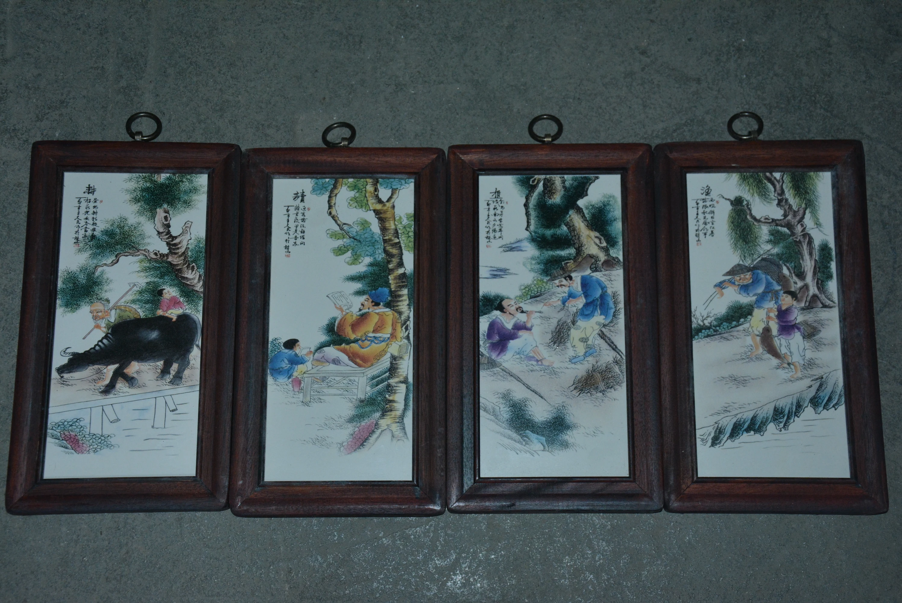 Antique porcelain brand painting, cattle grazing, reading, fishing, 4 pieces/pack, Hand-painted crafts, best collection