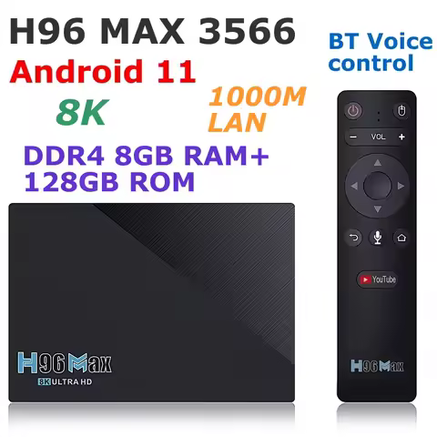 H96 MAX 3566 Android 11 TV Box DDR4 8GB RAM 128GB ROM RK3566 8K BT Voice Control 5G Dual WIFI 1000M Lan 4K Youtube Media Player