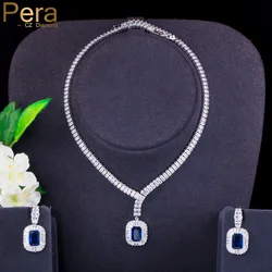 Pera Designer Royal Blue Cubic Zirconia Big Dangle Square Bridal Wedding Costume Necklace Earrings Jewelry Sets for Women J412