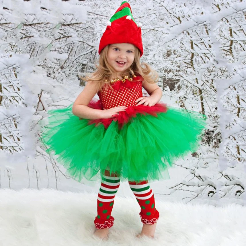 Vestido de Navidad para niñas, rojo y verde tutú, Crochet, con lazo de pelo de flores, ropa de fiesta para niños