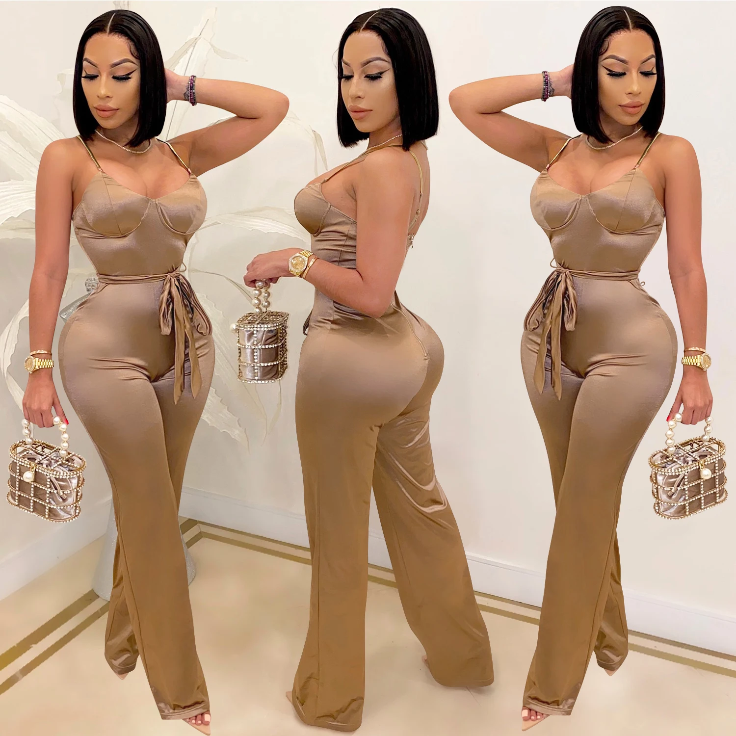 Long Sleeve Jumpsuits And Rompers For Women Solid Sexy Jumpsuits Fashion Belt Spaghetti Strap Jumpsuits Club Wear