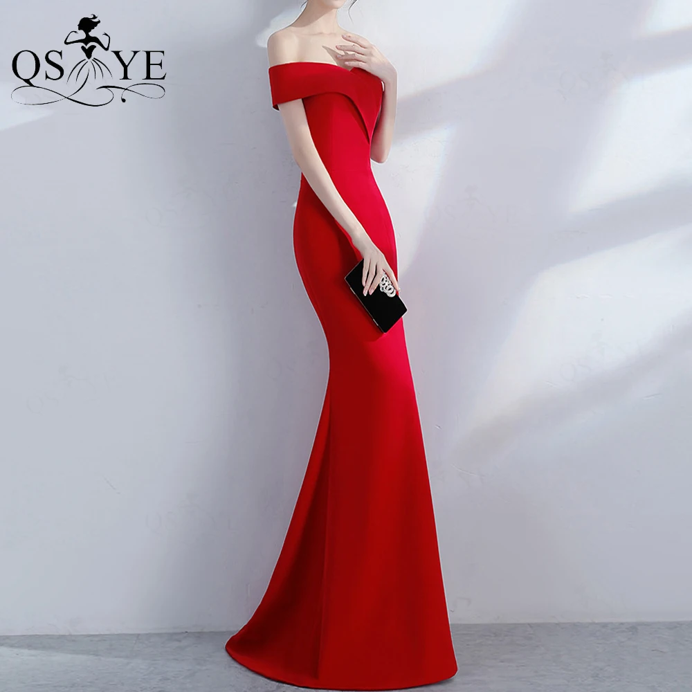 Off Shoulder Red Evening Dress Stretch Long Mermaid Party Gown V Neck Side Sleeves Formal Gown Lapel Neck Women Prom Dress Vesti