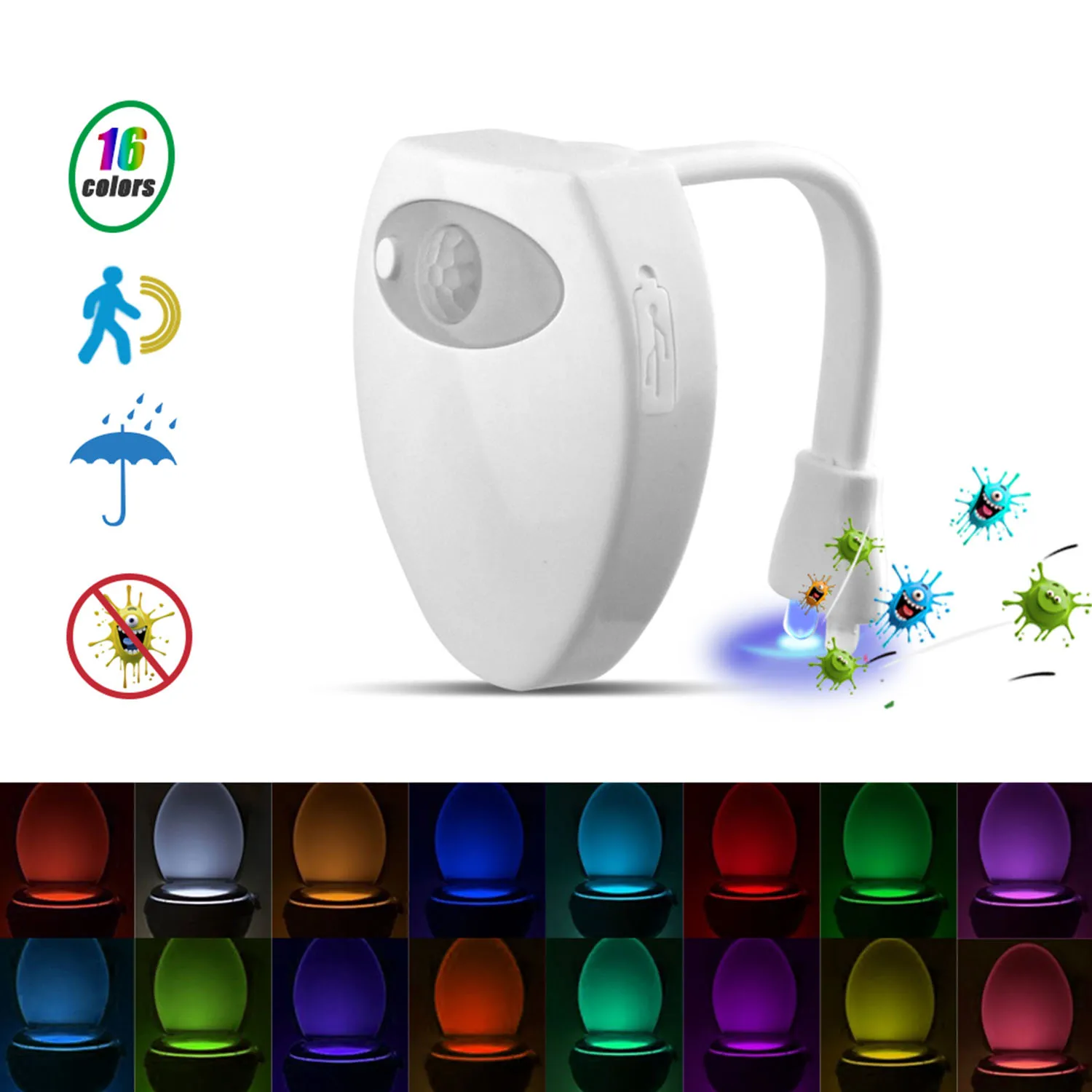 Luz nocturna de inodoro con Sensor de movimiento y 16 colores, recargable por USB, impermeable, lámpara de luz nocturna de inodoro con función de