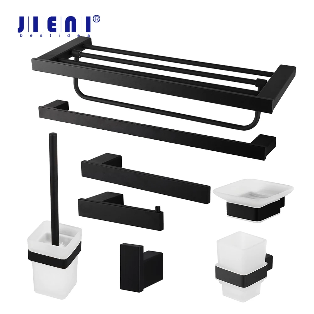 JIENI Stainless Steel Bathroom Hardware Set Black Matte Paper Holder Toothbrush Holder Towel Bar Bathroom Accessories