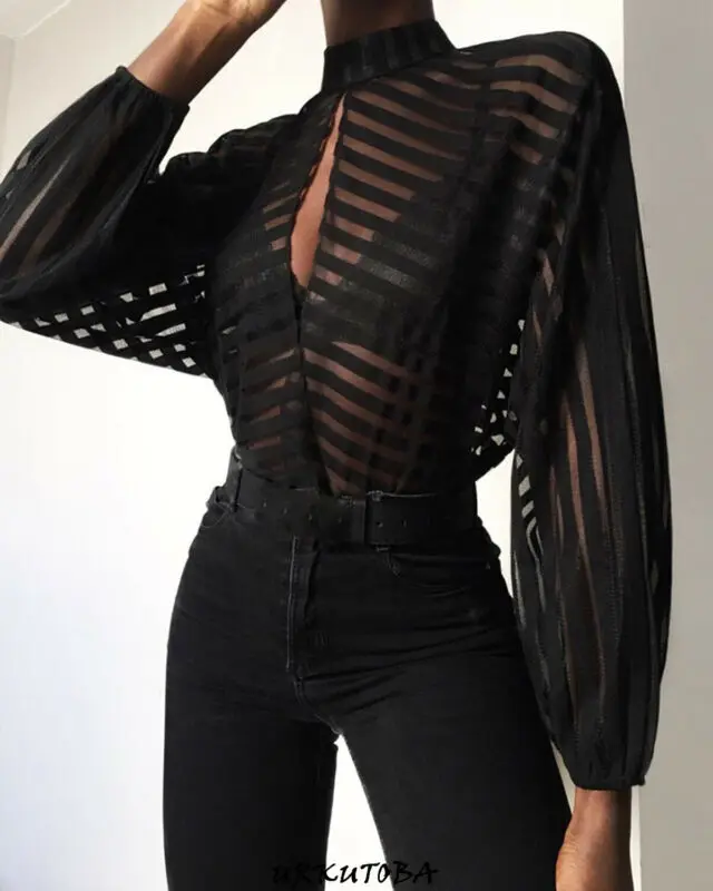 Sexy Women Summer See-Through Sheer Mesh Long Puff Sleeve Blouses Black Fashion Party Club Top Striped Transparent Shirts Blouse