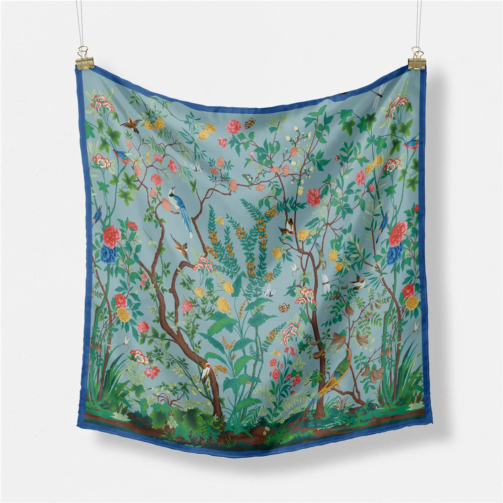 Twill Silk Scarf Woman Life Tree Painting Square Scarves Wraps Bandana Small Hijab Silk Foulards Tie Headband Neckerchief 53CM