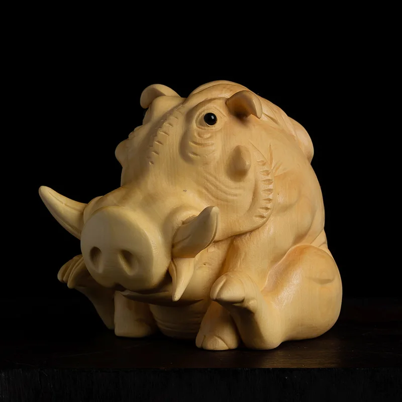 XS533- 6.5 CM Desert Warthog Boxwood Sculpture Feng Shui Wood Carving Cute Boar Pig Statue Collection Ornaments