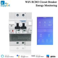 EWelink RCBO 2P WiFi Circuit Breaker Power Monitoring Leakage Protection Smart Breaker Alexa IFTTT Compatible Lan Control