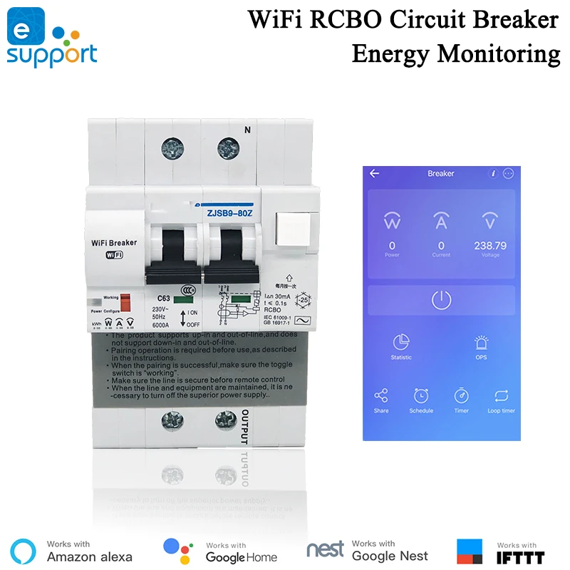 EWelink RCBO 2P WiFi przerywacz monitorowanie mocy ochrona przed wyciekiem inteligentny wyłącznik Alexa IFTTT kompatybilny kontrola Lan