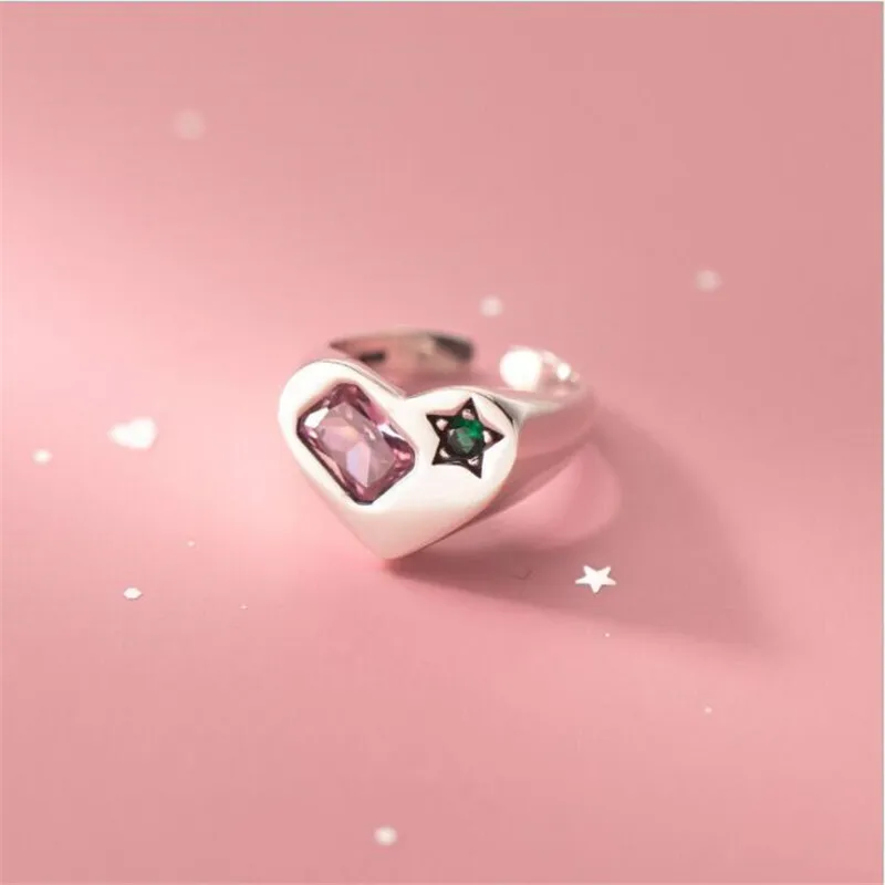 

New Fashion Pink Crystal Love Simple Green Satr 925 Sterling Silver Jewelry Heart Shaped Geometric Opening Rings TYB070