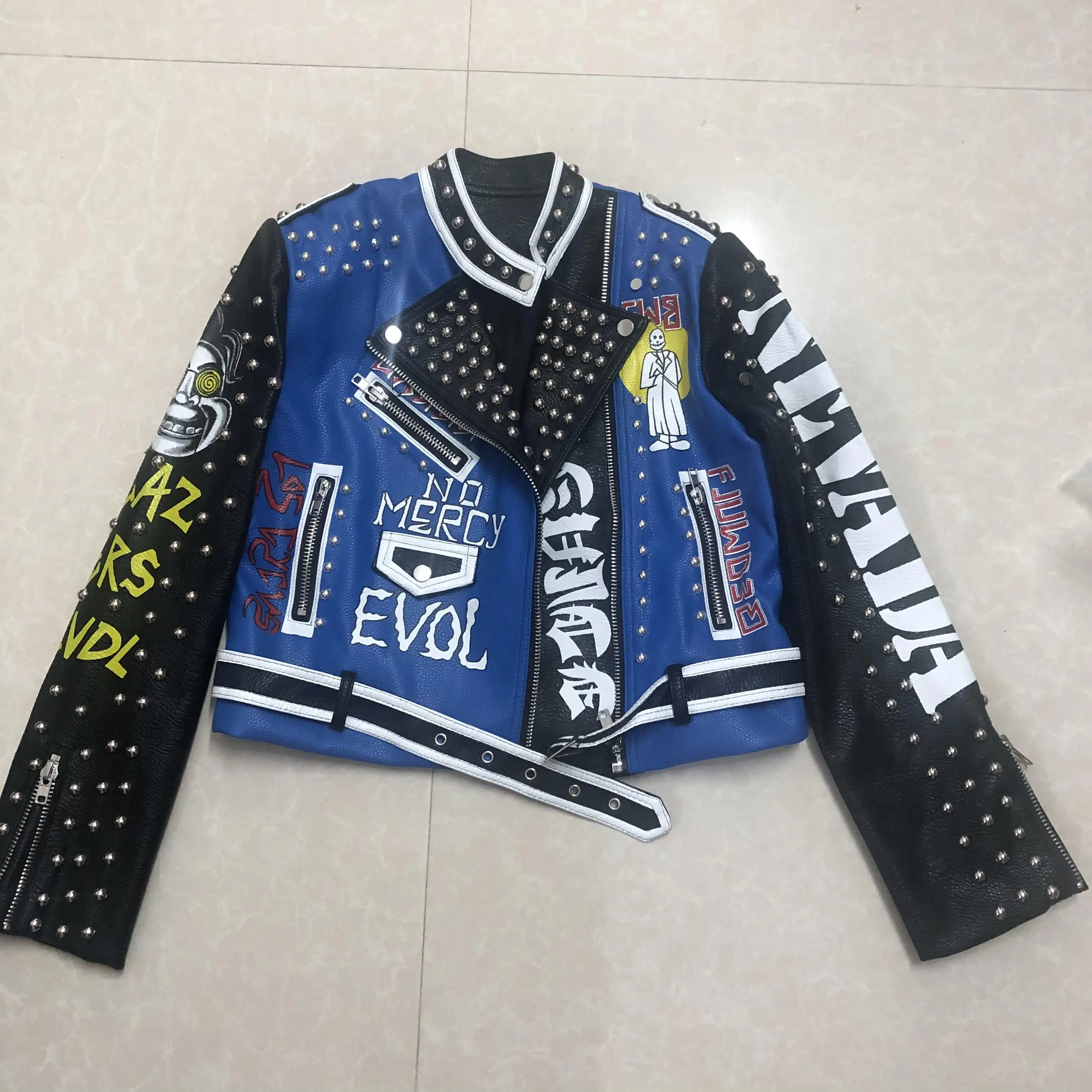 3D Graffiti soft pu leather jackets female cartoon character print  Jacket rivet beading Punk Rock Cropped leather Outerwear