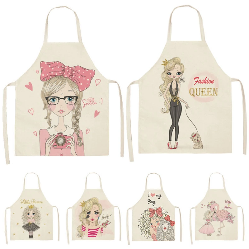 1pcs Cute Girl Cotton Linen Sleeveless Apron Printed Kitchen Aprons Women Home Cooking Baking Waist Bib Pinafore 53*65cm WQL0151