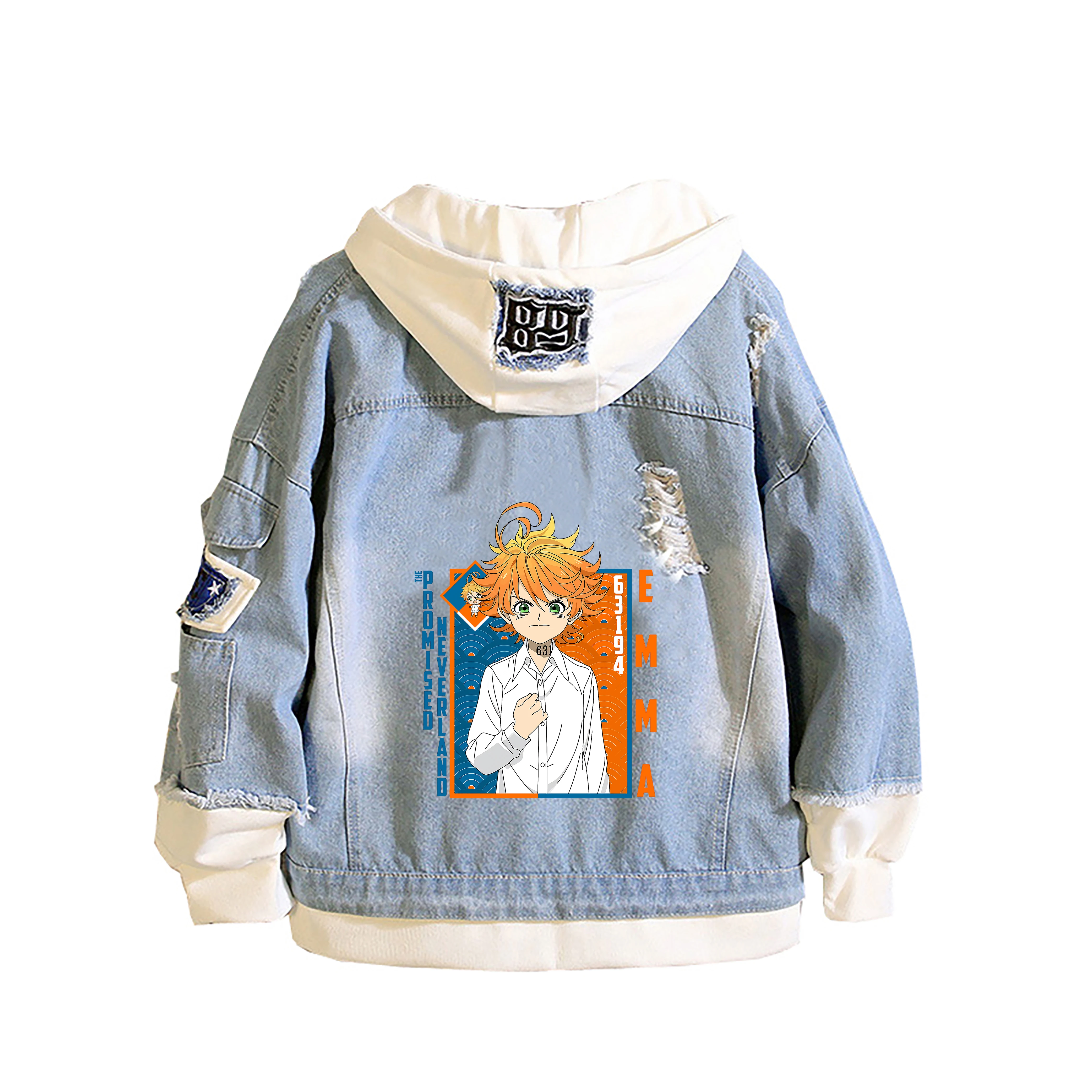 The Promised Neverland Anime Jeans Hoodies Fake Two Pieces Denim Jackets Cartoon Streetwear Harajuku Women Sweatshirt