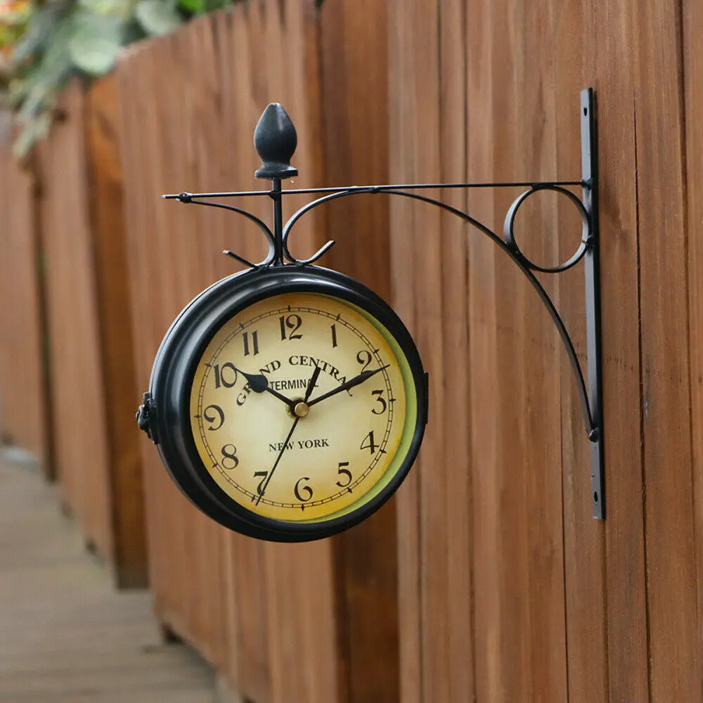 Retro Double Side Rotating Wall Clock Metal Hanging Clock Outdoor /Home/Garden Decor European Clock Wall Mounted+Bracket