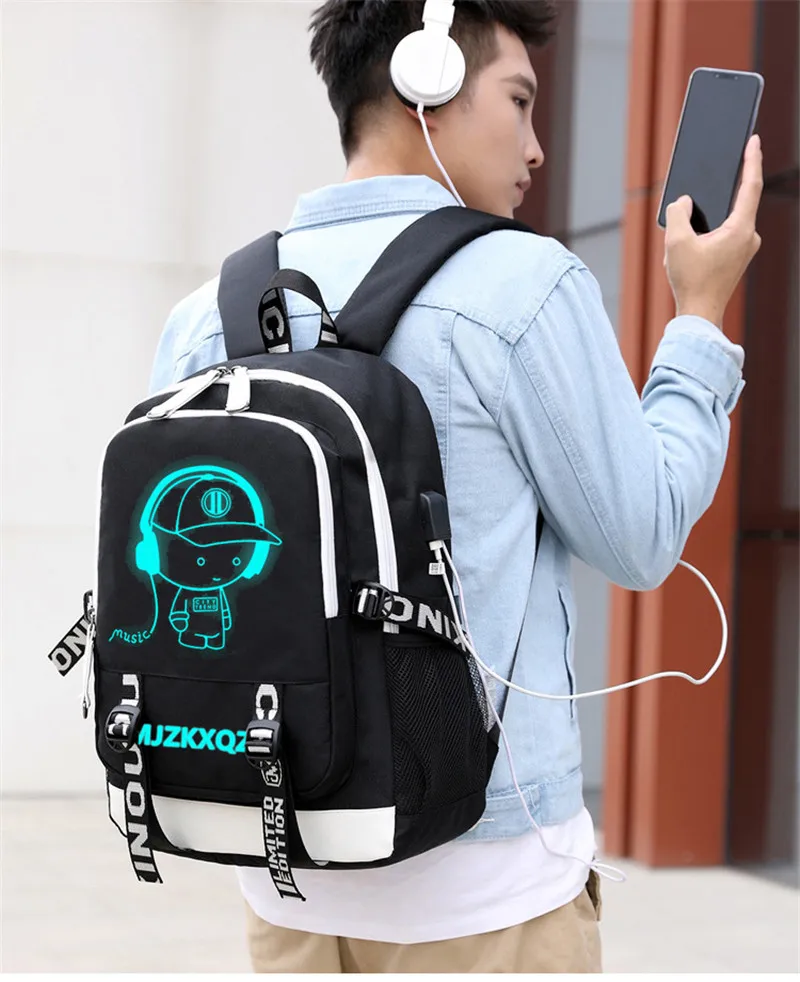 Mjzkxqz Fashion Music Luminous  USB Charging Headphone Jack Backpack School Bags Laptop Backpack Schoolbag Anime Backpack