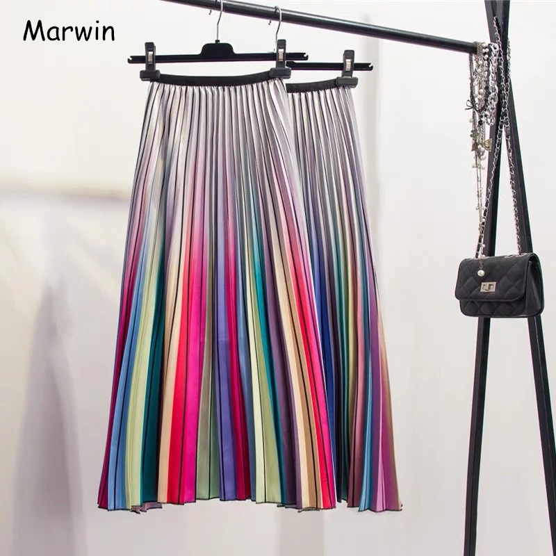 Marwin – jupes de haute qualité pour femmes, nouvelle collection printemps 2019, rayures arc-en-ciel, ligne a, mi-mollet, haute rue, Style européen