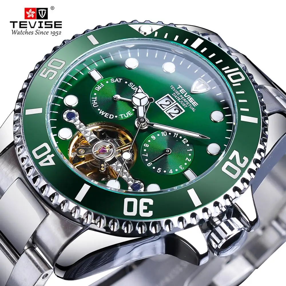 TEVISE 2020 Design Green Bezel Tourbillion Design Men Mechanical Automatic Sport Business Wristwatch Top Brand Luxury Male Clcok