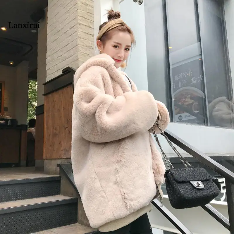 Woman Autumn and Winter Faux Fur Jacket Female Fashion Oversized Causal Women's large size Hooded Coat