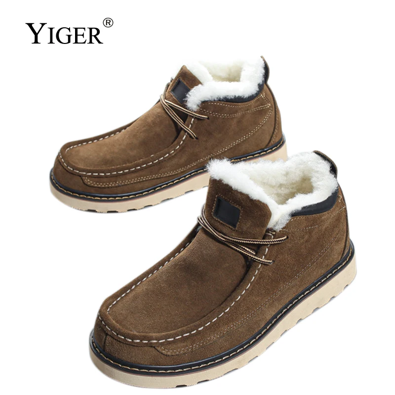 YIGER Men's Snow Boots Winter warm wool Basic boots men Cowhide platform bread shoes Thick Casual men's cotton boots 2023New