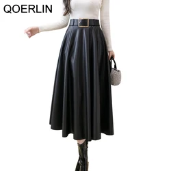 QOERLIN Sashes Leather Skirts Women Autumn Winter 2022 New High Waist Pleated Skirts Long Maxi Saias Back Zipper Fly PU Skirt