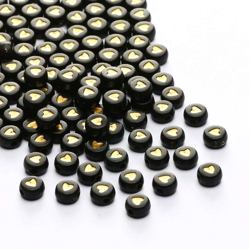 100/500pcs 7mm Black Acrylic Beads Gold Color Love Heart Pattern Round Flat Spacer Seed Beads For Jewelry Making Diy Key Chains