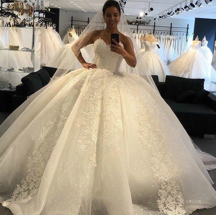 2021 novos vestidos de casamento shinny lantejoulas fofo país querida princesa rendas apliques vestidos de noiva mairage