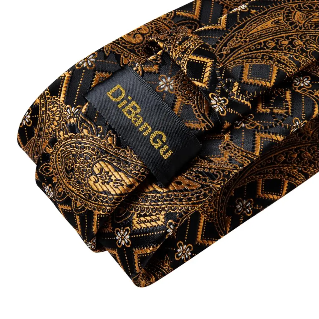 Gift Men Tie Gold Black Striped Paisley Silk Wedding Tie For Men DiBanGu Design Hanky Cufflink Quality Men Tie Set Dropshipping