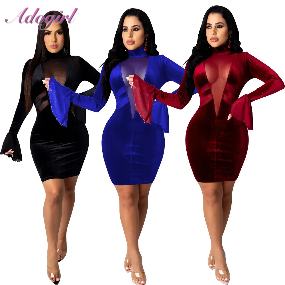 Women sheer mesh velvet patchwork sexy evening party club bodycon mini dress casual flare long sleeve Turtleneck dresses vestido