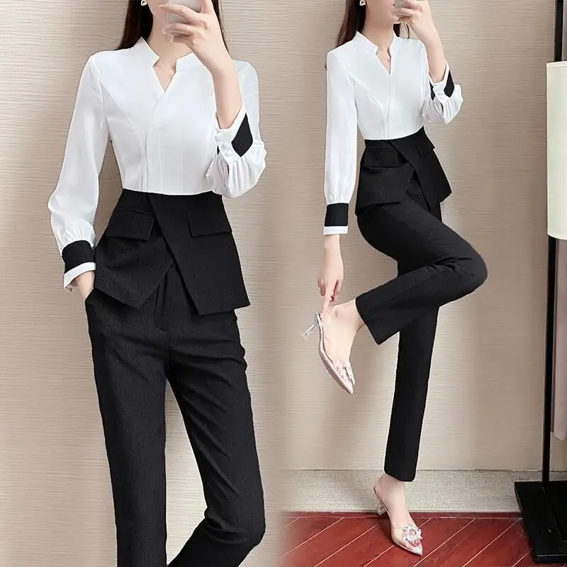 Long Sleeve Trouser Suit Female For Autumn 2024 New Fashion Patchwork Elegant Profession Pantsuits 2 Piece Clothing Sets Women