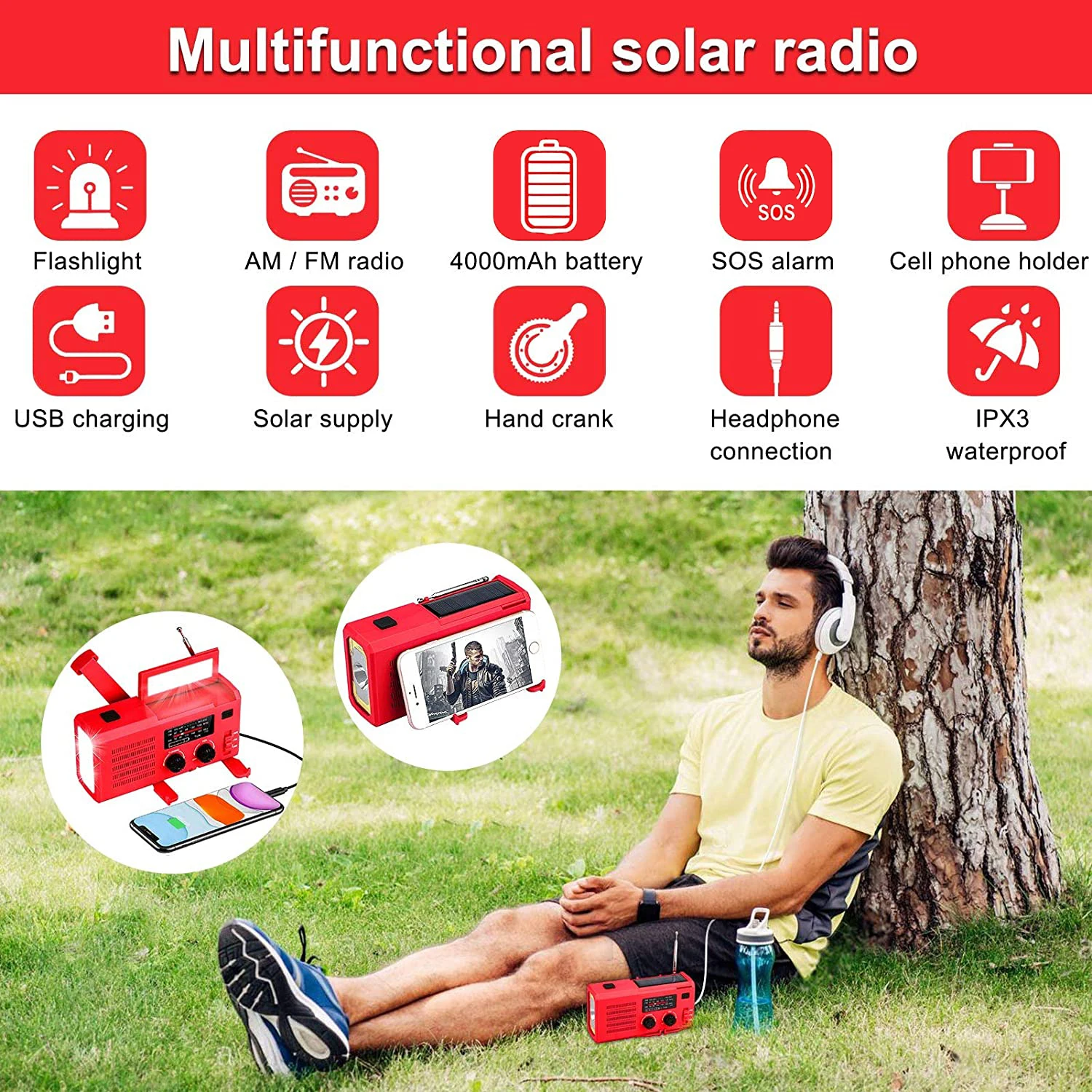 Good Emergency Solar Power Hand Crank Dynamo Wind Up 4000mAh Phone Charger Bank SOS AM/FM/NOAA Weather Pocket Flashlight Radio