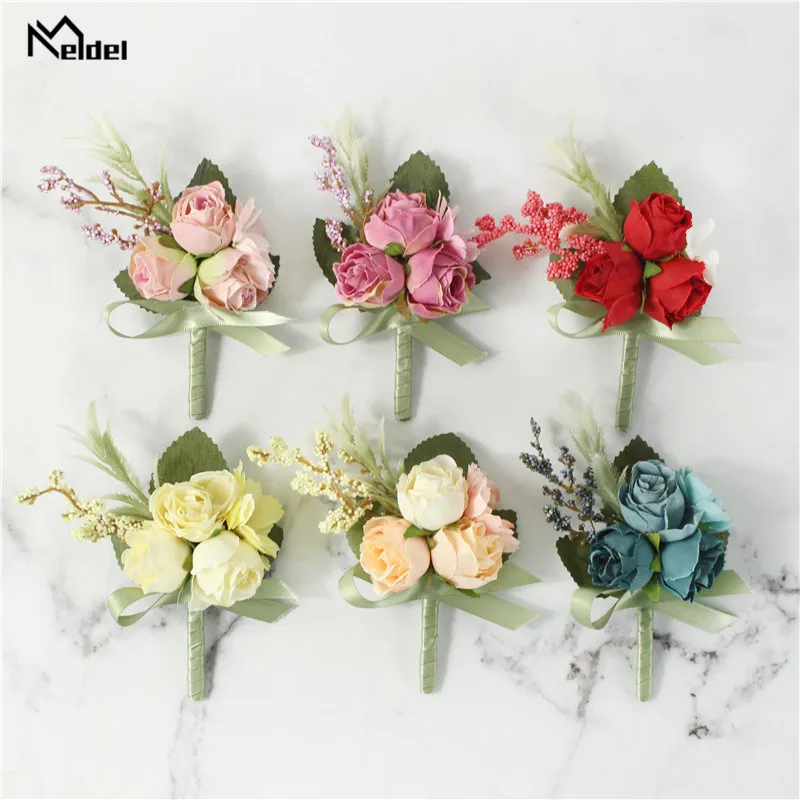 Meldel Boutonniere Pols Corsage Bruiloft Bruidsmeisje Armband Mannen Boutonniere Meisje Pols Corsage Bloem Zijde Rode Roos Boutonniere