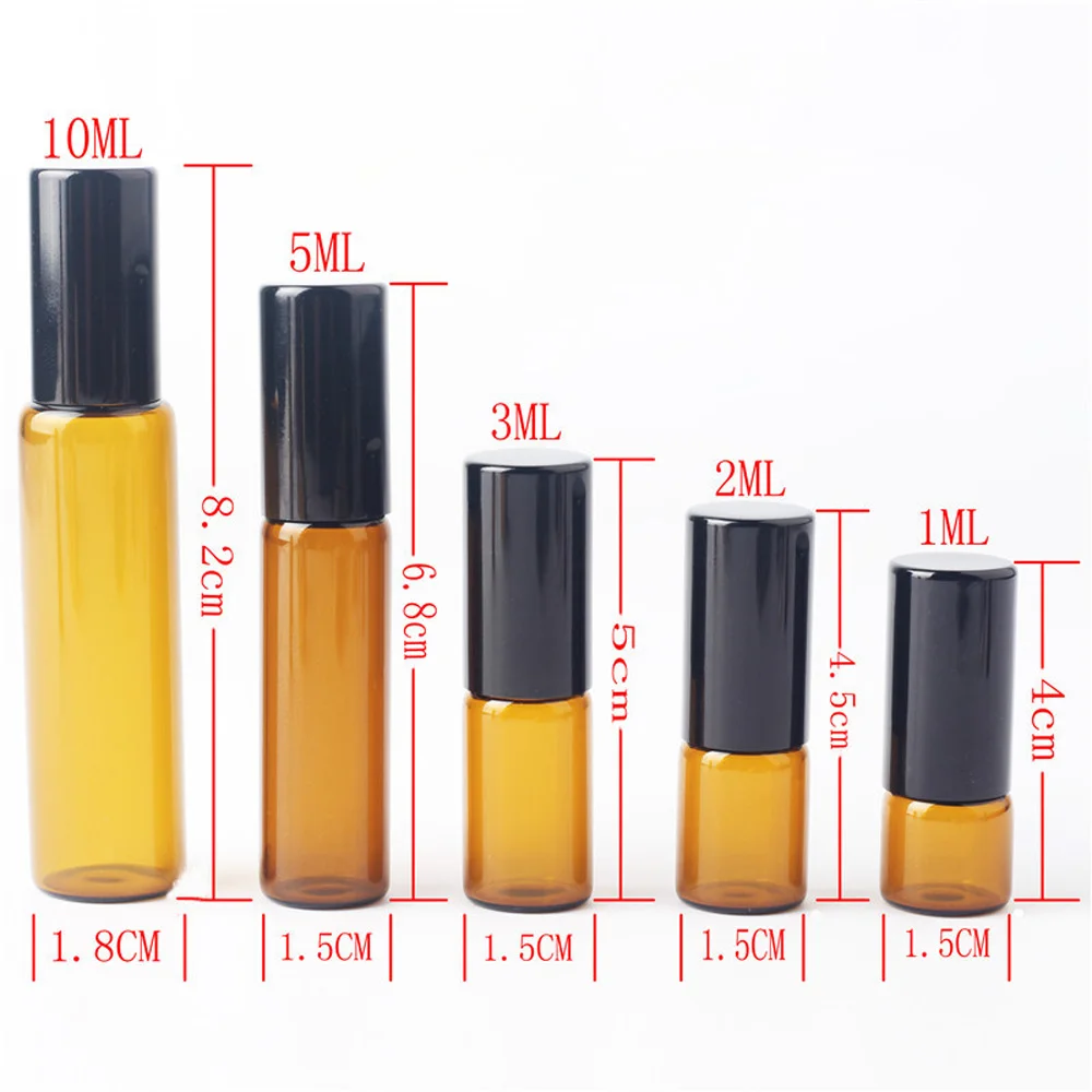 30Pcs 1ml 2ml 3ml 5ml 10ml Bursztynowa cienka szklana rolka na butelce Próbka Test Olejki eteryczne Perfumy Fiolki z czarnym wałkiem Metalowa kulka