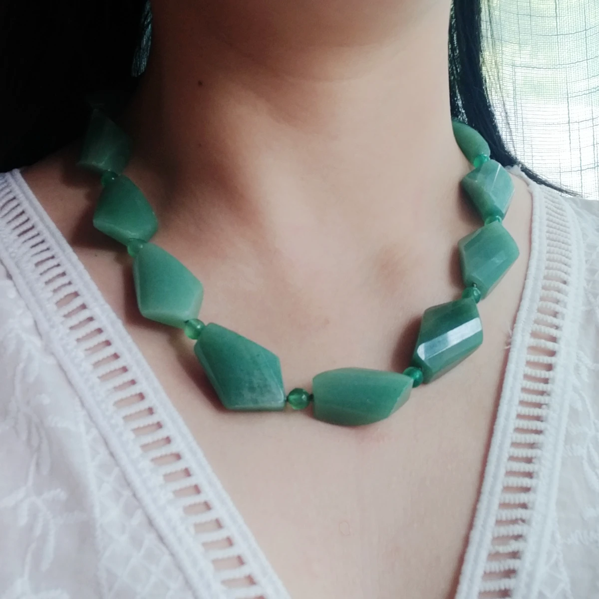 Lii Ji Real Stone Green Choker Short Necklace Aventurine Stone Necklace Women Jewelry 52cm 20.5inches