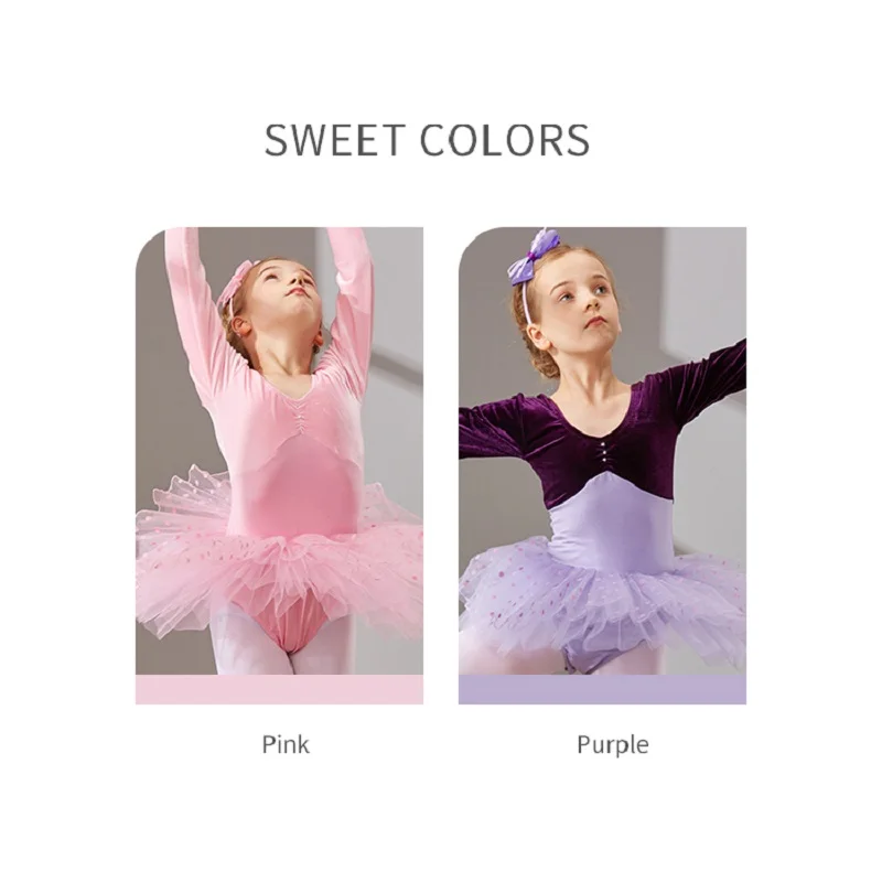 Long Sleeve Dance Dress for Girls, Cotton Ballet Dancewear w Tulle,Toddler Stage Performance Dress, Kids Tutu Dress,Dance Skirts