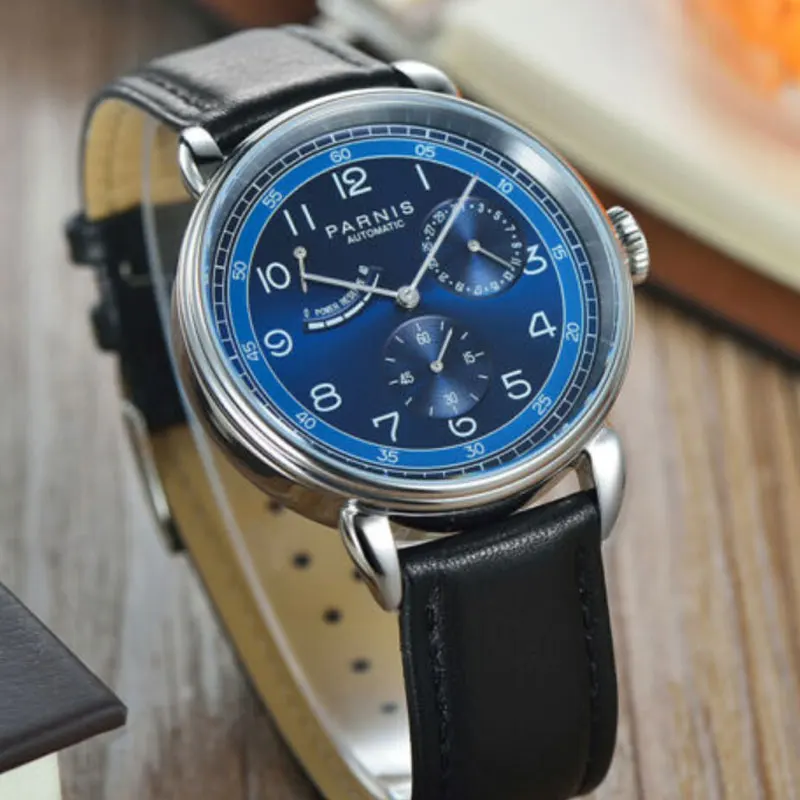 42mm PARNIS blue dial power reserve date window ST automatic mens watch