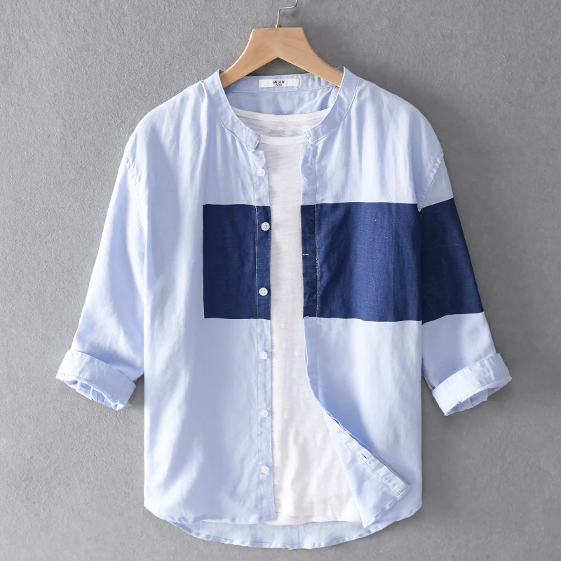 Linen and cotton three-quarter sleeve fashion shirt men casual stitching blue shirts for men stand collar top male chemise