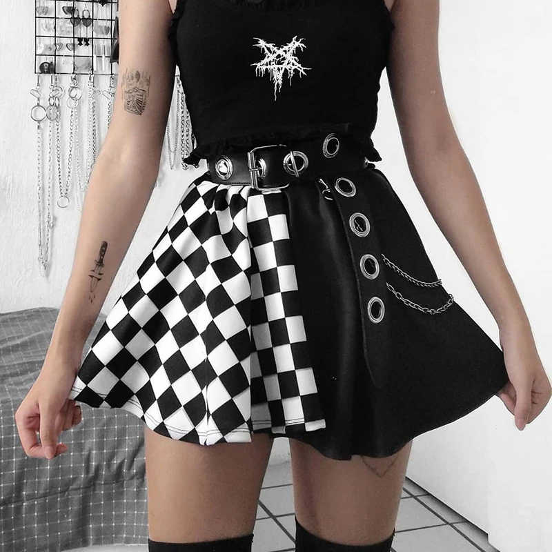 InsDoit-minifalda gótica a cuadros para mujer, Falda plisada de retales, estilo Harajuku, estética Punk, de cintura alta, para verano, 2021