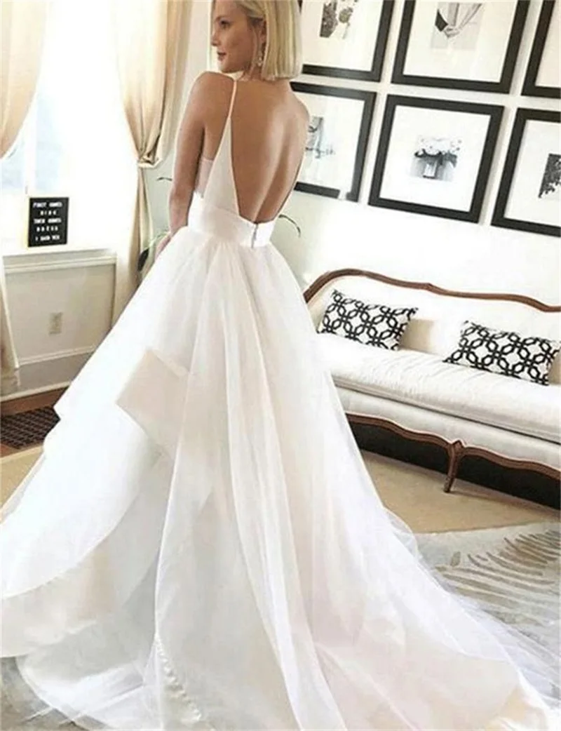 2020 Tulle Satin Trouwjurken Diepe V-hals Backless Hof Trein Bruid Jurken Bruidsjurken Robe De Mariee Vestidos De Novia