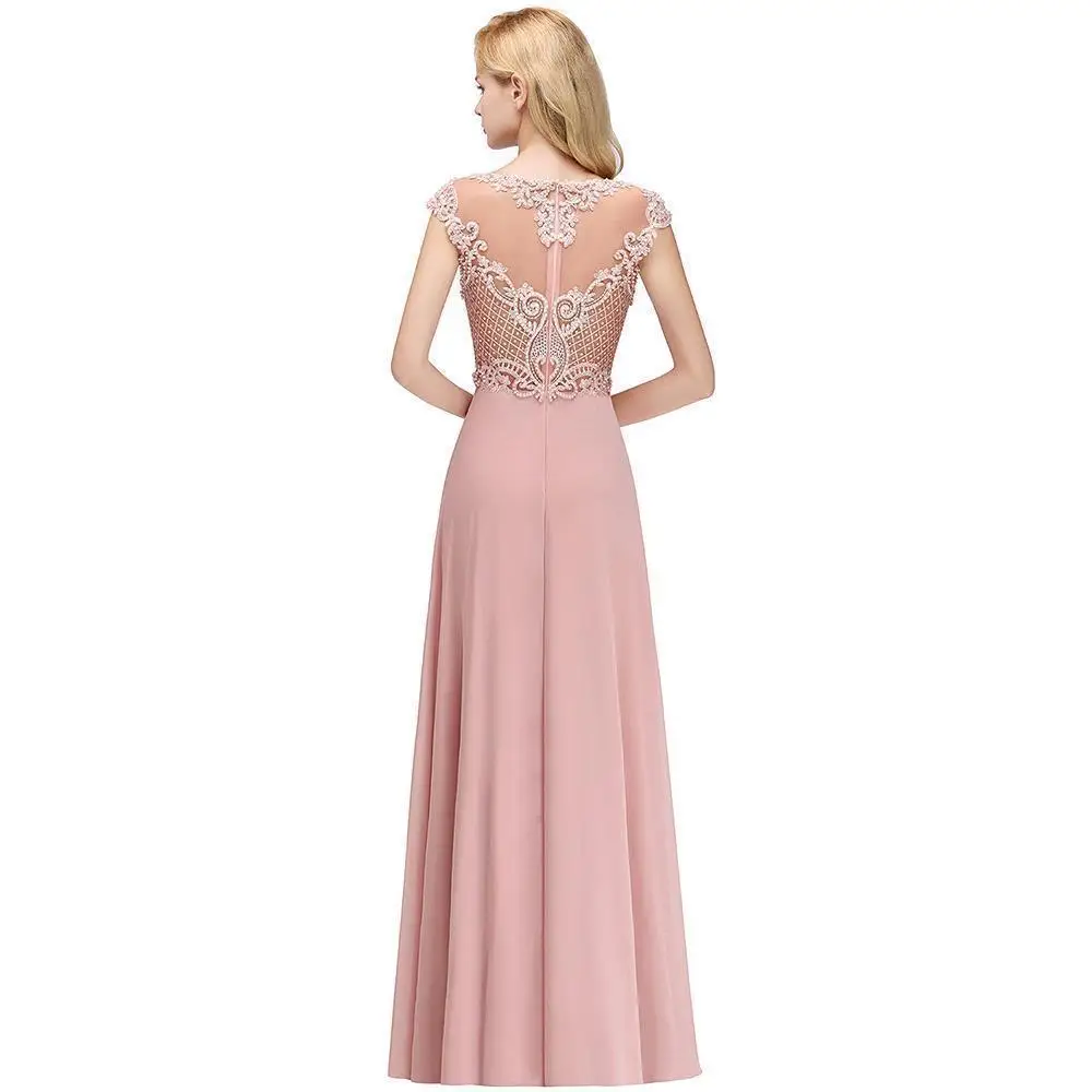 Pink Chiffon Long Bridesmaid Dresses 2019 Elegant A line Sleeveless Wedding Party Guest Gown Applique Pearl vestido madrinha