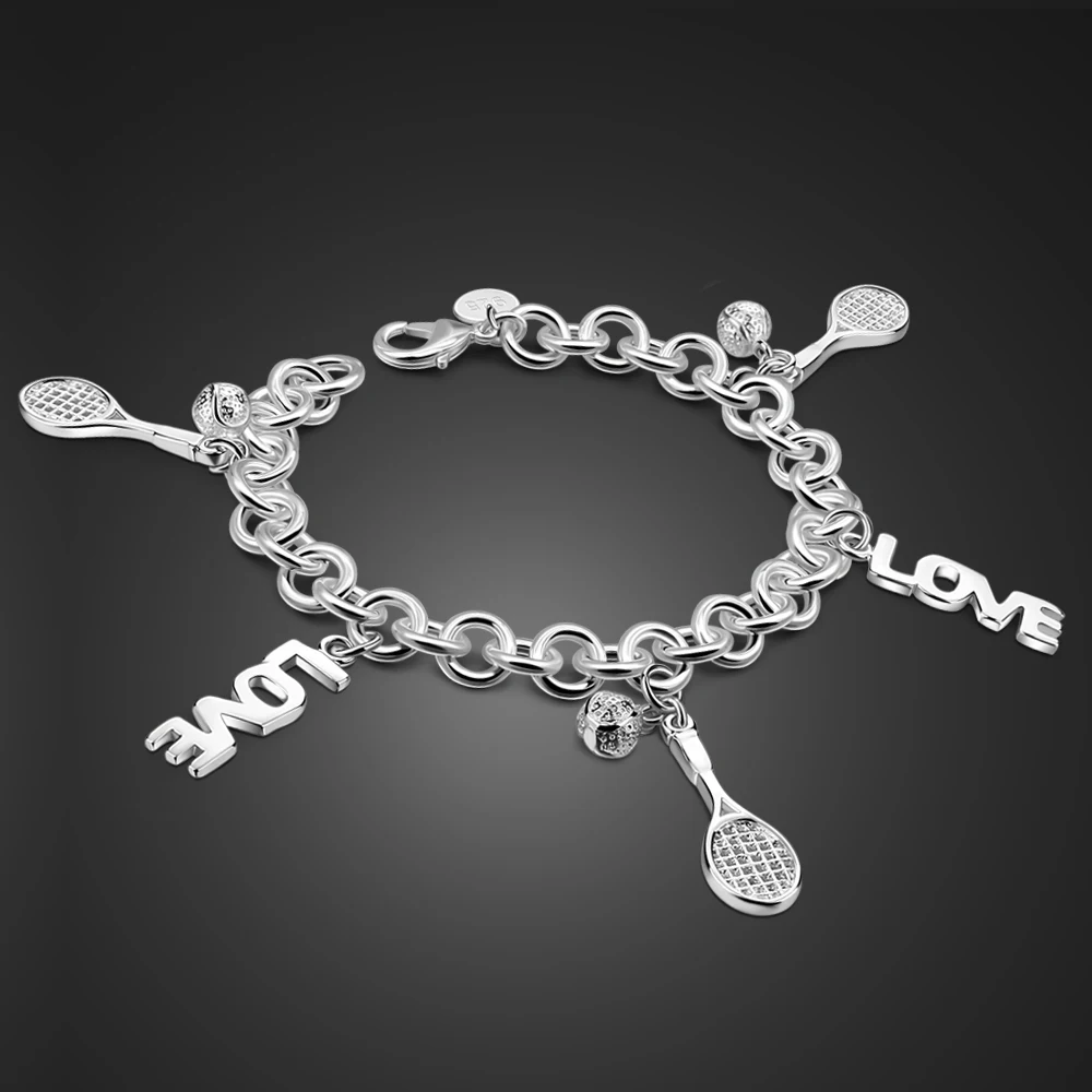 

Cute Tennis Racquet LOVE Pendant Chain Bracelet Women Fashion 925 Sterling Silver Bracelet Bangle Gifts Cuff Jewelry