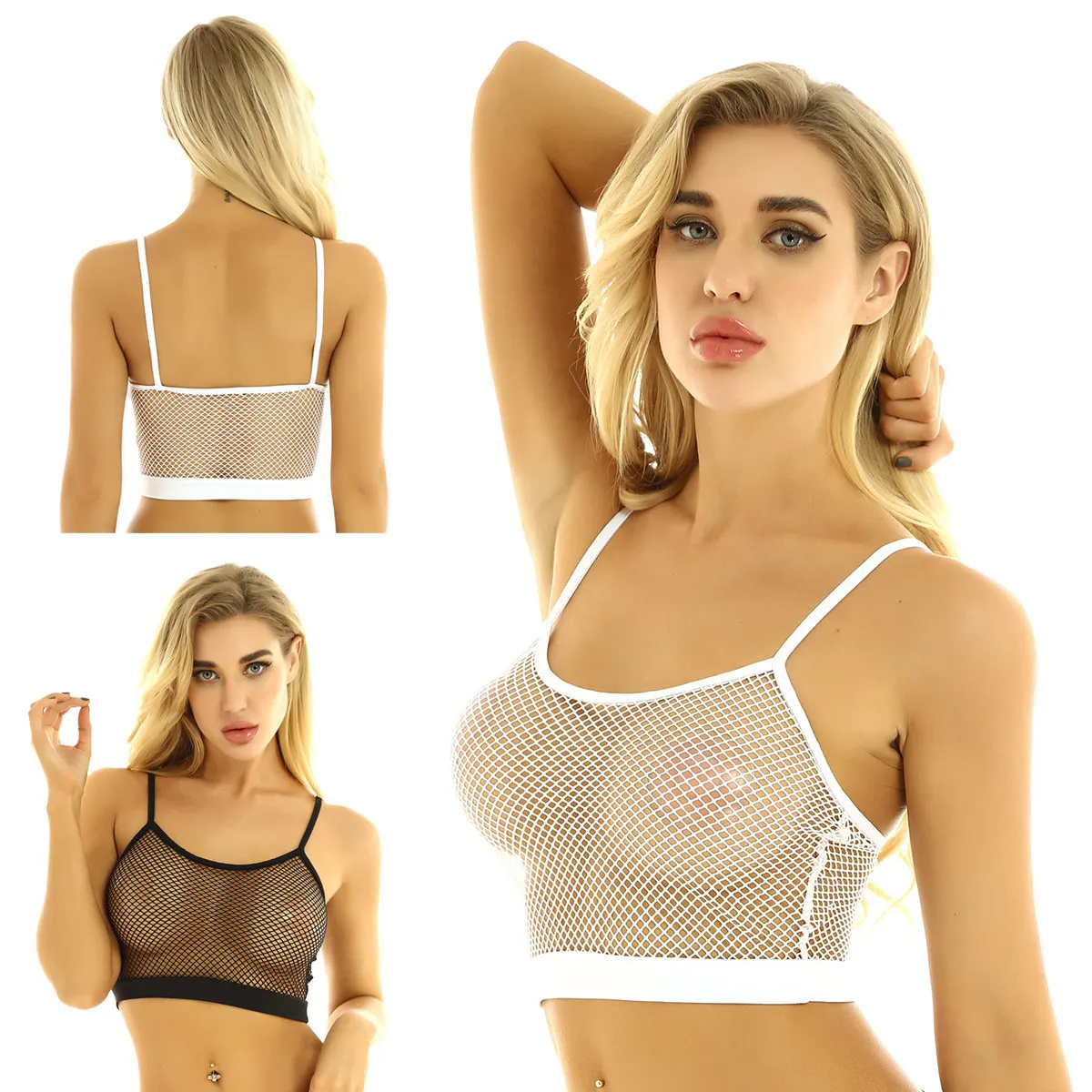 alvivi Women Crop Top Strappy Transparent Mesh Bralette Short Sleeveless Vest Exposed Navel Hot Top Fishnet Bra Blouse T-Shirt