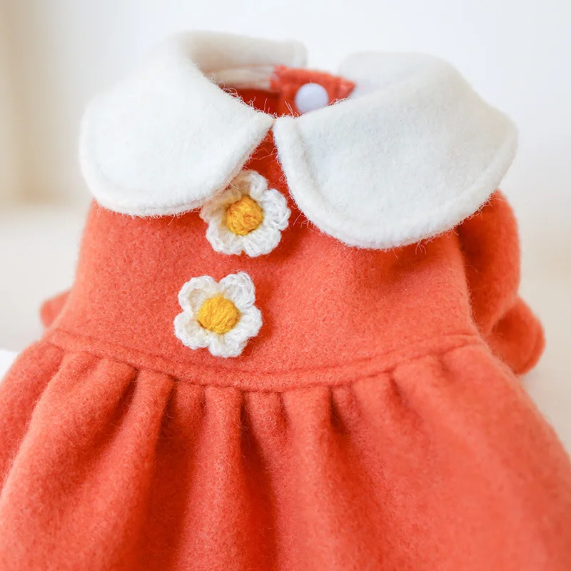 Winter Pet Dog Clothes Warm Dress Princess Puppy Doll Collar Flower Woolen Skirt Cold Tutu Coat Dress For Small Dogs Pet Apparel