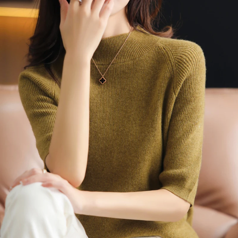 Women's Cashmere Half-high Collar Five-point Sleeve Knitted T-shirt Spring Autumn New 100% Pure Wool Half-sleeved Sweater Female